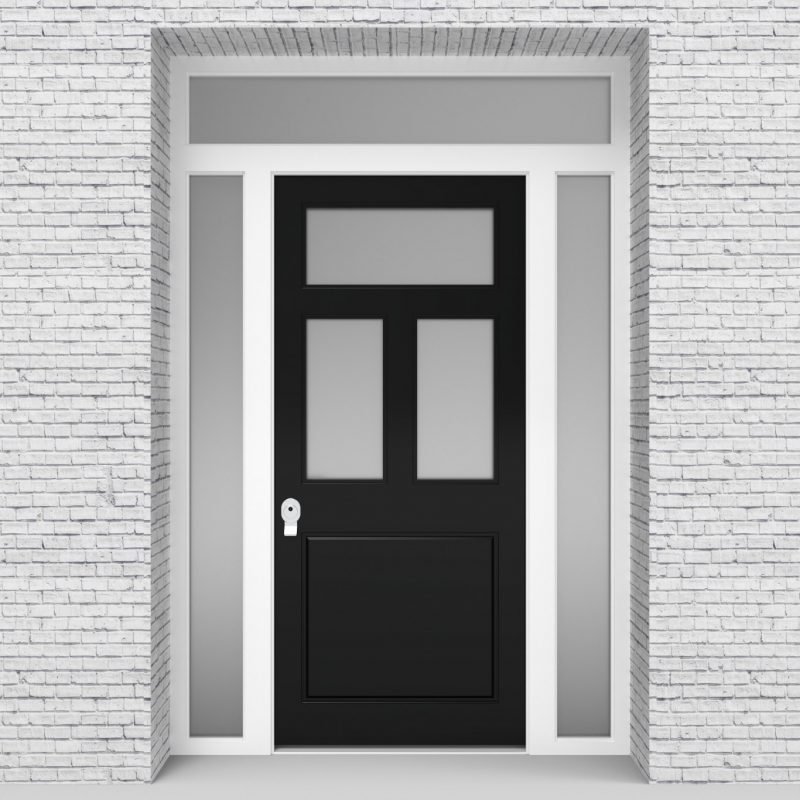 6.single Door With Two Side Panels And Transom Edwardian 4 Panel With 3 Glass Panes Jet Black (ral9005)