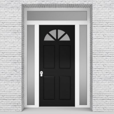 6.single Door With Two Side Panels And Transom Edwardian 4 Panel With Arched Glass Pane Jet Black (ral9005)