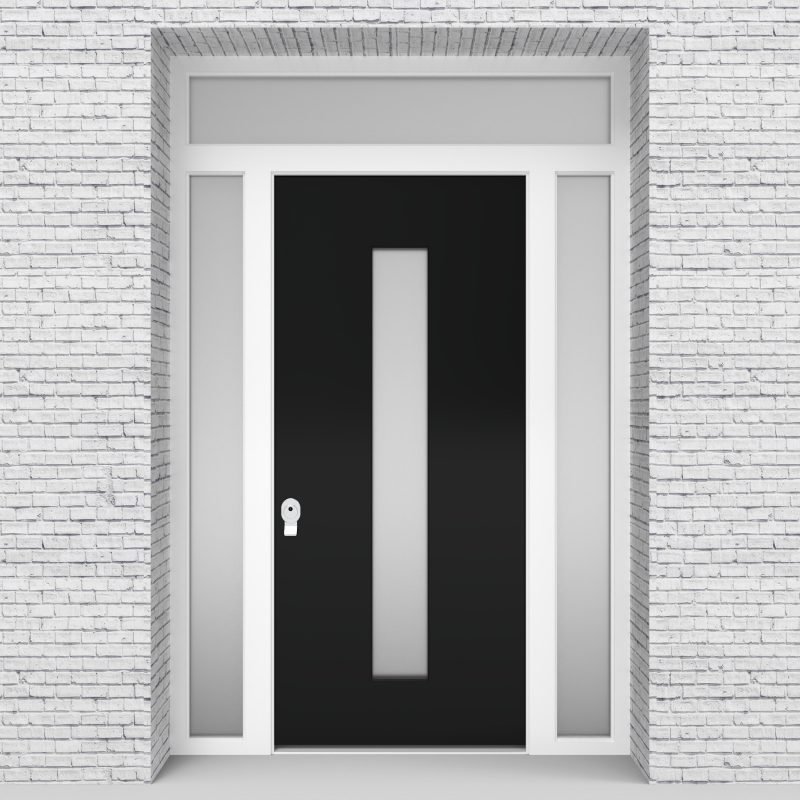 6.single Door With Two Side Panels And Transom Plain With Central Glass Jet Black (ral9005)