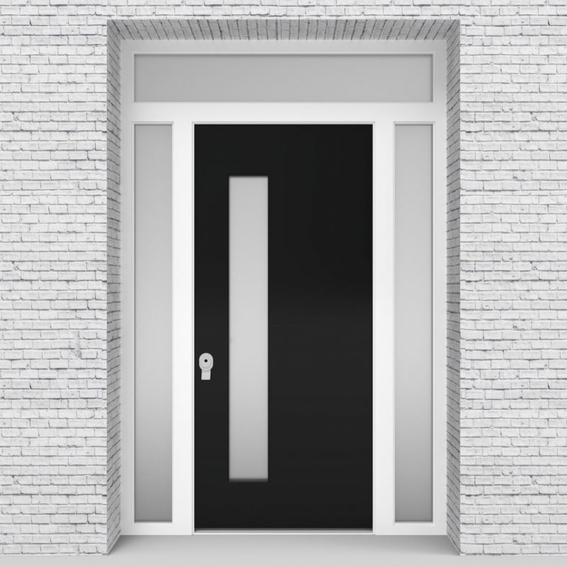 6.single Door With Two Side Panels And Transom Plain With Lock Side Glass Jet Black (ral9005)