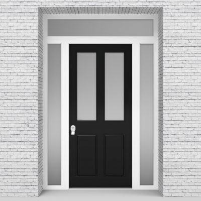 6.single Door With Two Side Panels And Transom Victorian 4 Panel With 2 Glass Panes Jet Black (ral9005)