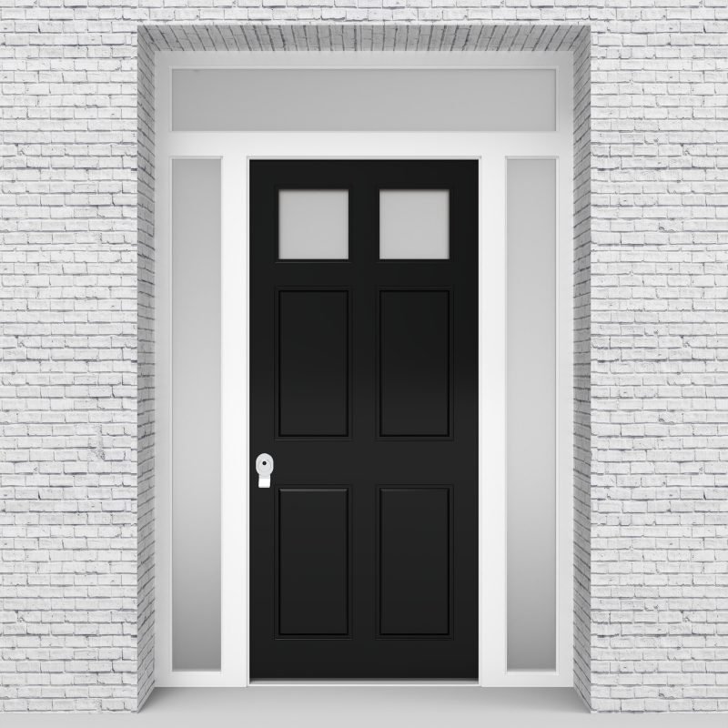 6.single Door With Two Side Panels And Transom Victorian 6 Panel With 2 Glass Panes Jet Black (ral9005)