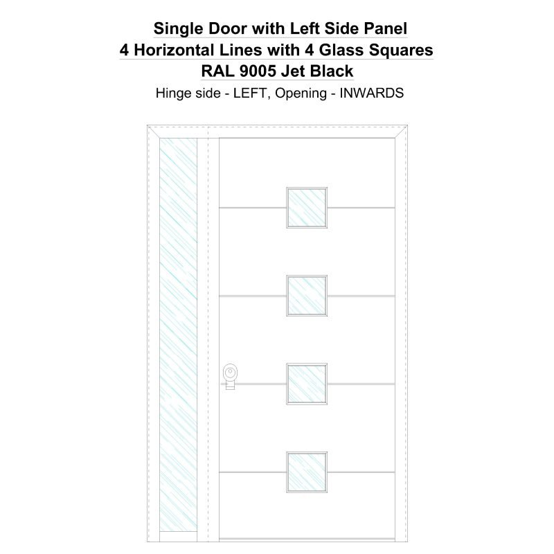 Sd1sp(left) 4 Horizontal Lines With 4 Glass Squares Jet Black Security Door