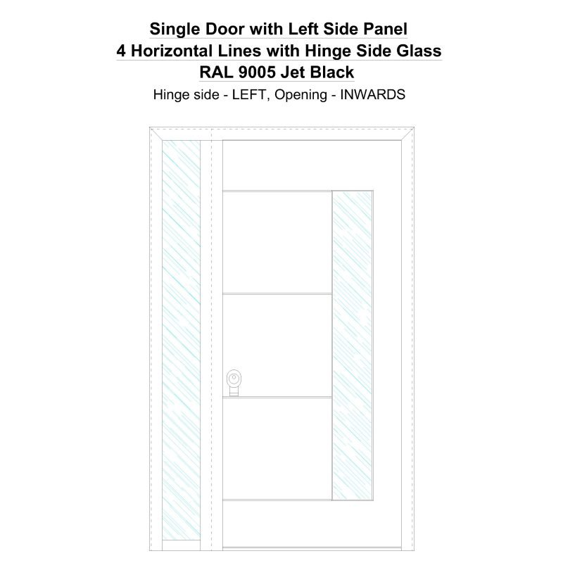 Sd1sp(left) 4 Horizontal Lines With Hinge Side Glass Ral 9005 Jet Black Security Door