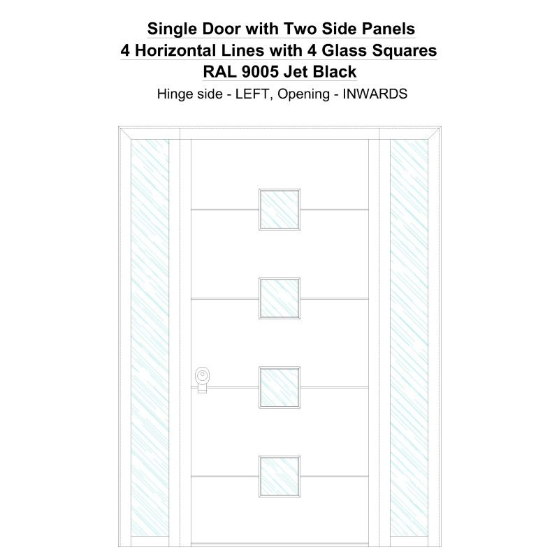 Sd2sp 4 Horizontal Lines With 4 Glass Squares Jet Black Security Door