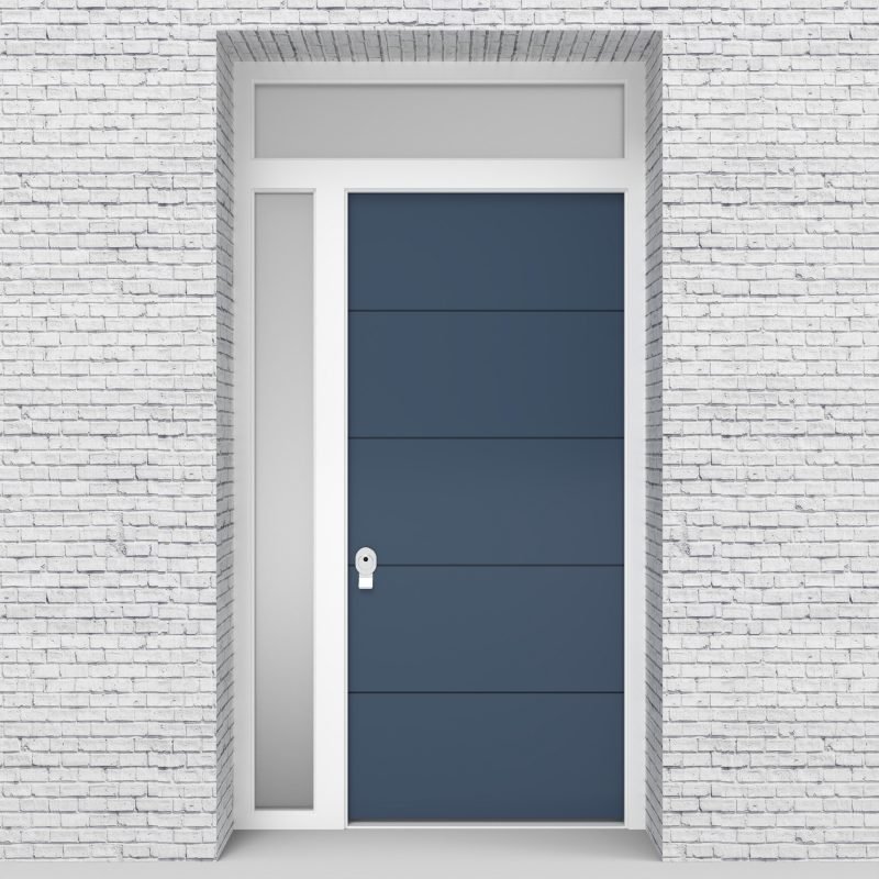 10.single Door With Left Side Panel And Transom 4 Horizontal Lines Pigeon Blue (ral5014)