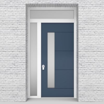 10.single Door With Left Side Panel And Transom 4 Horizontal Lines With Lock Side Glass Pigeon Blue (ral5014)