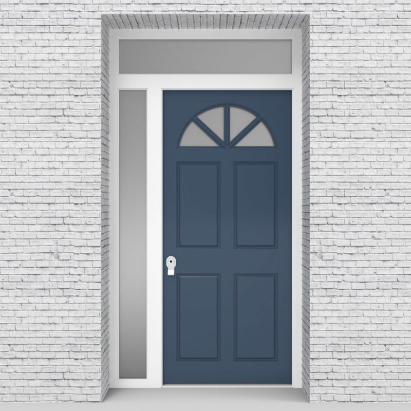 10.single Door With Left Side Panel And Transom Edwardian 4 Panel With Arched Glass Pane Pigeon Blue (ral5014)