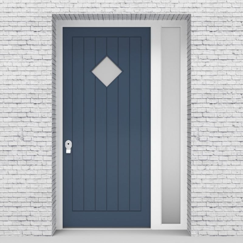 10.single Door With Right Side Panel 7 Vertical Lines With Diamond Pane Pigeon Blue (ral5014)