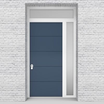10.single Door With Right Side Panel And Transom 4 Horizontal Lines Pigeon Blue (ral5014)