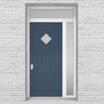 10.single Door With Right Side Panel And Transom 7 Vertical Lines With Diamond Pane Pigeon Blue (ral5014)