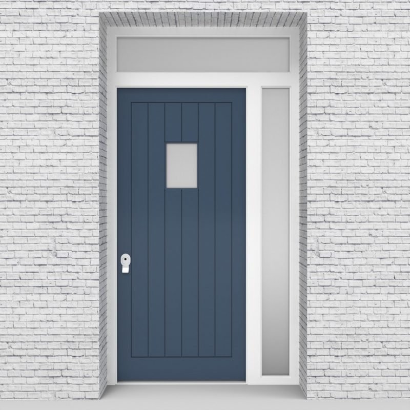 10.single Door With Right Side Panel And Transom 7 Vertical Lines With Rectangle Pane Pigeon Blue (ral5014)