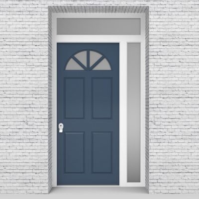 10.single Door With Right Side Panel And Transom Edwardian 4 Panel With Arched Glass Pane Pigeon Blue (ral5014)