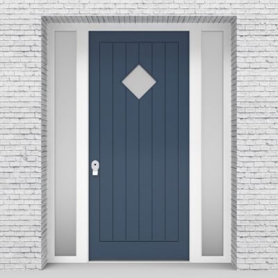 10.single Door With Two Side Panels 7 Vertical Lines With Diamond Pane Pigeon Blue (ral5014)