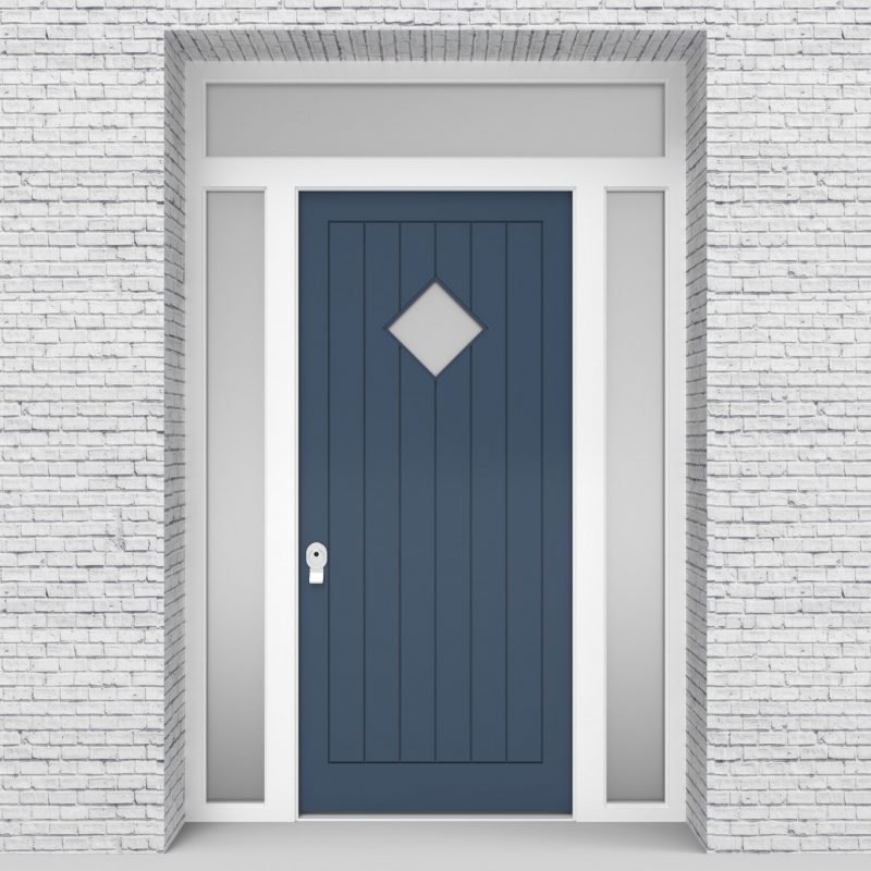 10.single Door With Two Side Panels And Transom 7 Vertical Lines With Diamond Pane Pigeon Blue (ral5014)