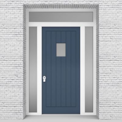 10.single Door With Two Side Panels And Transom 7 Vertical Lines With Rectangle Pane Pigeon Blue (ral5014)