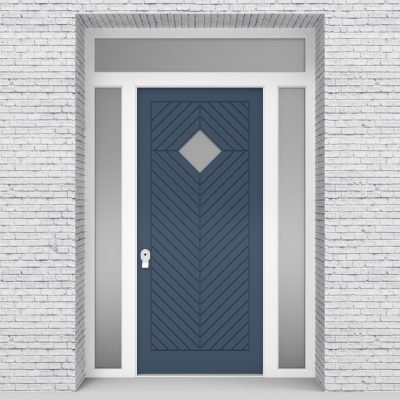 10.single Door With Two Side Panels And Transom Cottage Style With Diamond Pane Pigeon Blue (ral5014)