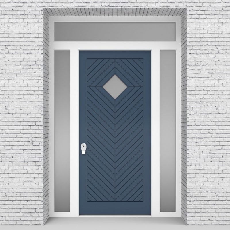 10.single Door With Two Side Panels And Transom Cottage Style With Diamond Pane Pigeon Blue (ral5014)