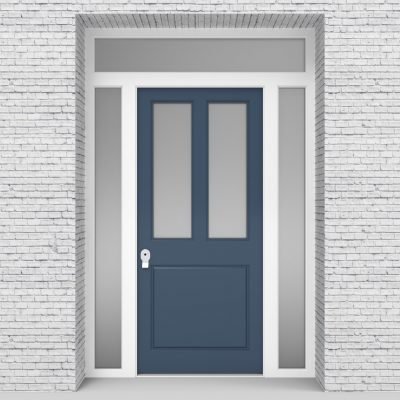 10.single Door With Two Side Panels And Transom Edwardian 3 Panel With 2 Glass Panes Pigeon Blue (ral5014)