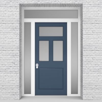 10.single Door With Two Side Panels And Transom Edwardian 4 Panel With 3 Glass Panes Pigeon Blue (ral5014)