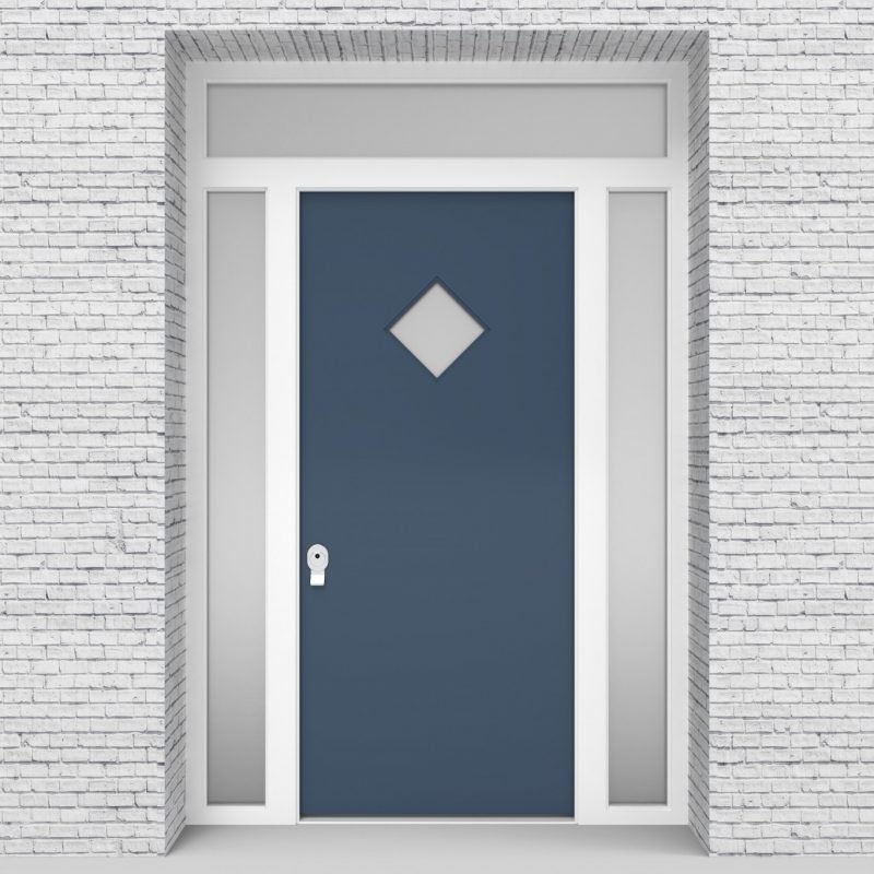 10.single Door With Two Side Panels And Transom Plain With Diamond Pane Pigeon Blue (ral5014)