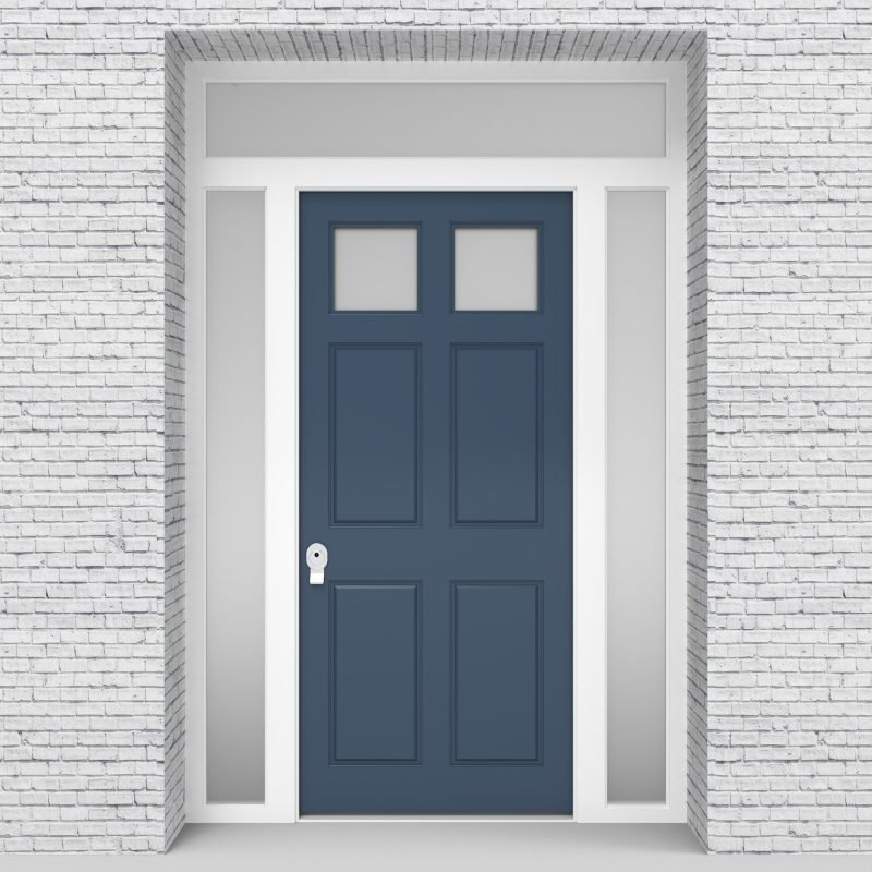 10.single Door With Two Side Panels And Transom Victorian 6 Panel With 2 Glass Pigeon Blue (ral5014)