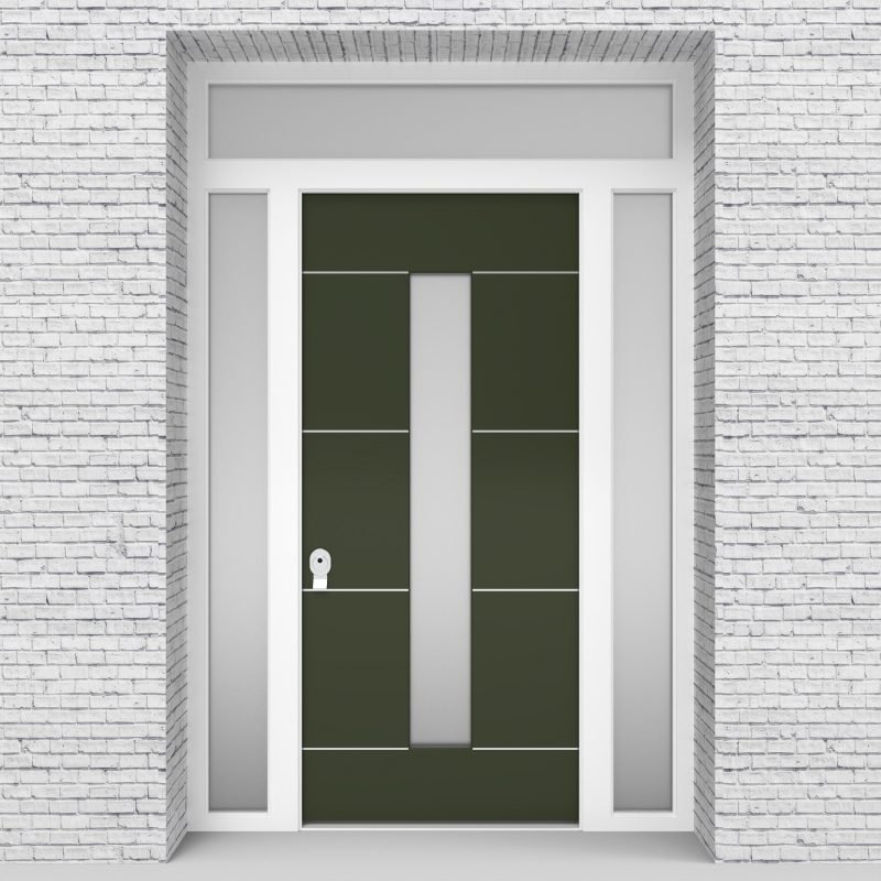 11.single Door With Two Side Panels And Transom 4 Aluminium Inlays With Central Glass Fir Green (ral6009)