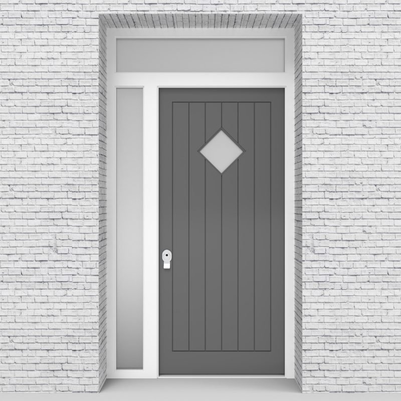 13.single Door With Left Side Panel And Transom 7 Vertical Lines With Diamond Pane Signal Grey (ral7004)