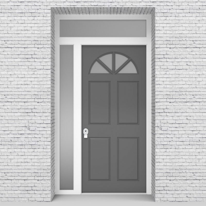 13.single Door With Left Side Panel And Transom Edwardian 4 Panel With Arched Glass Pane Signal Grey (ral7004)