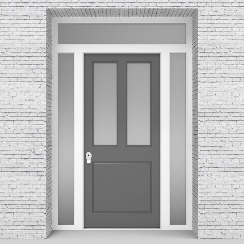13.single Door With Two Side Panels And Transom Edwardian 3 Panel With 2 Glass Panes Signal Grey (ral7004)
