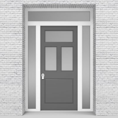 13.single Door With Two Side Panels And Transom Edwardian 4 Panel With 3 Glass Panes Signal Grey (ral7004)