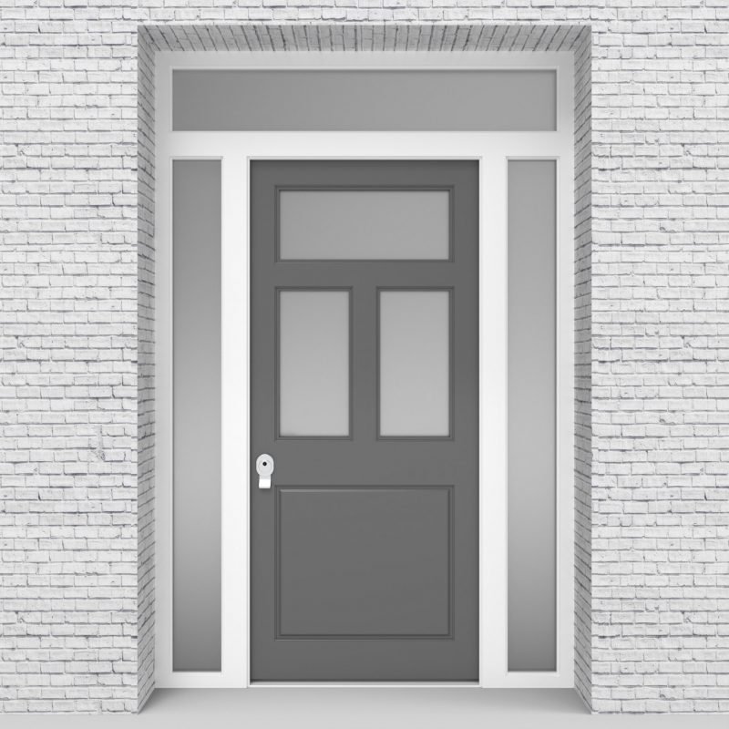 13.single Door With Two Side Panels And Transom Edwardian 4 Panel With 3 Glass Panes Signal Grey (ral7004)