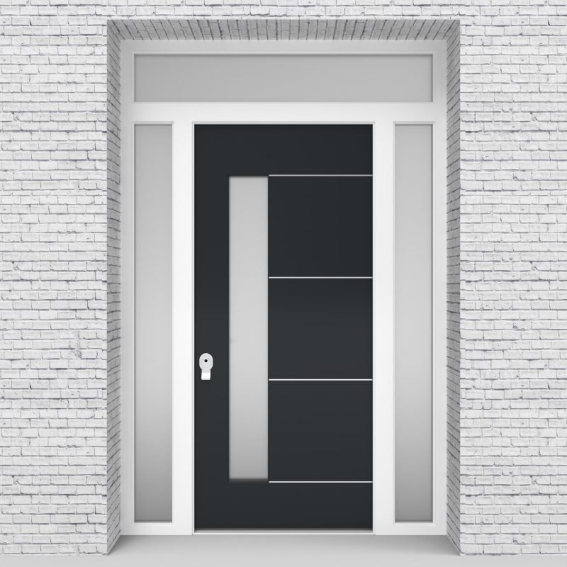 14.single Door With Two Side Panels And Transom 4 Aluminium Inlays With Lock Side Glass Anthracite Grey (ral7016)