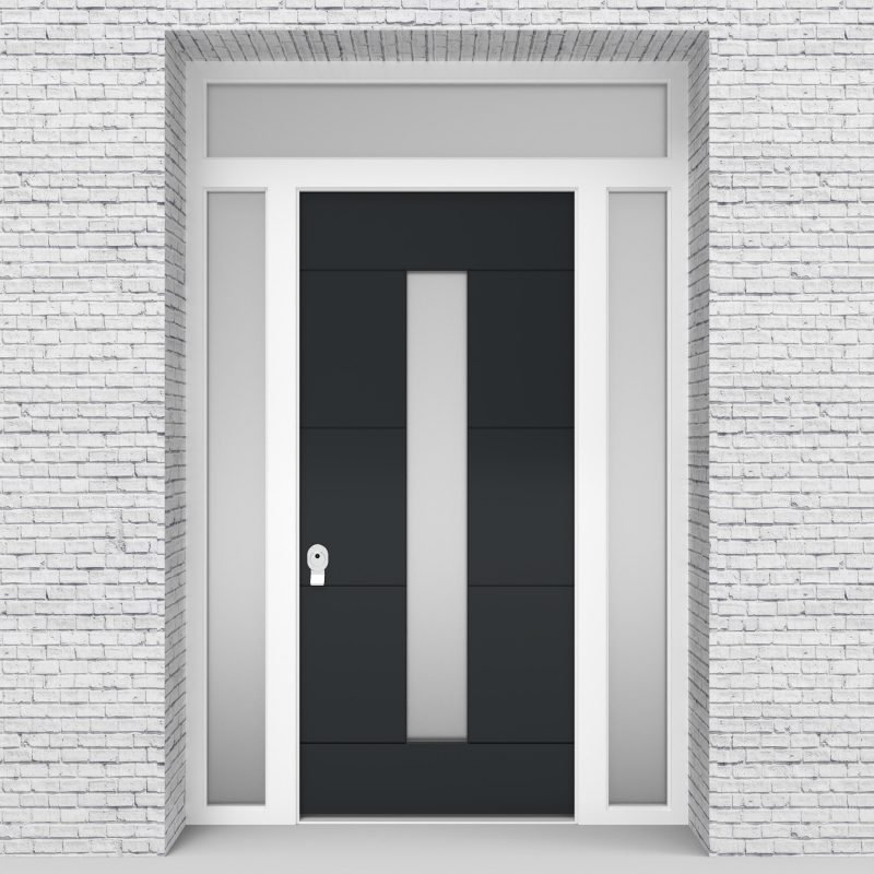 14.single Door With Two Side Panels And Transom 4 Horizontal Lines With Central Glass Anthracite Grey (ral7016)