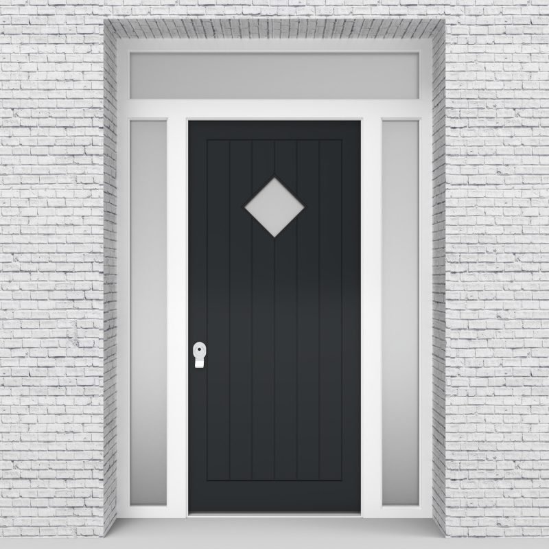 14.single Door With Two Side Panels And Transom 7 Vertical Lines With Diamond Pane Anthracite Grey (ral7016)