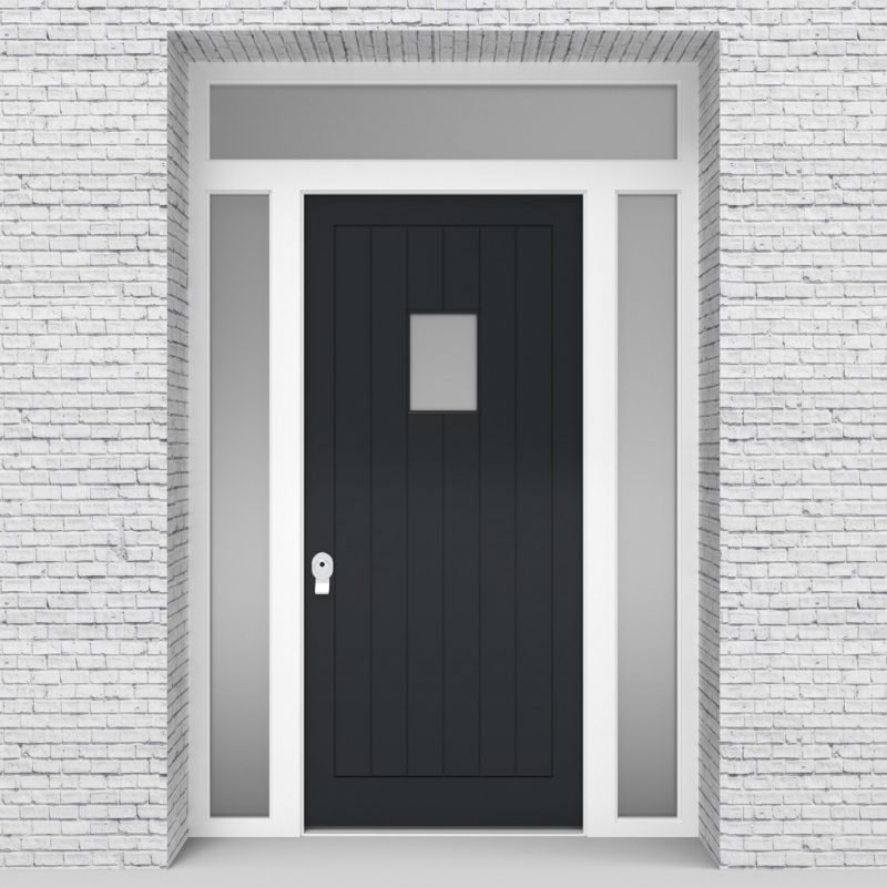 14.single Door With Two Side Panels And Transom 7 Vertical Lines With Rectangle Pane Anthracite Grey (ral7016)