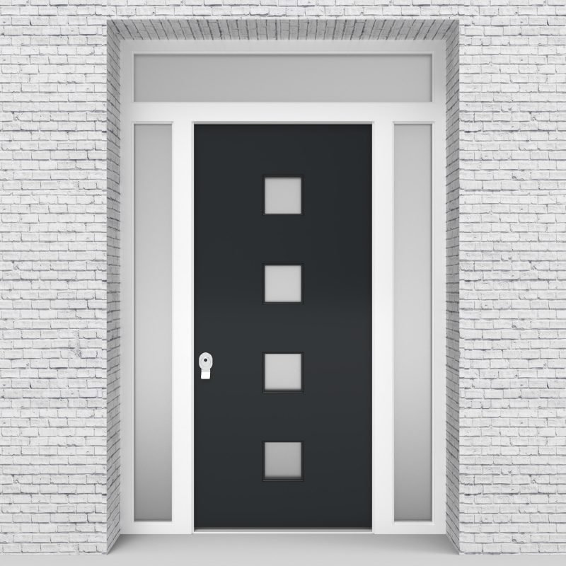 14.single Door With Two Side Panels And Transom Plain With 4 Glass Squares Anthracite Grey (ral7016)