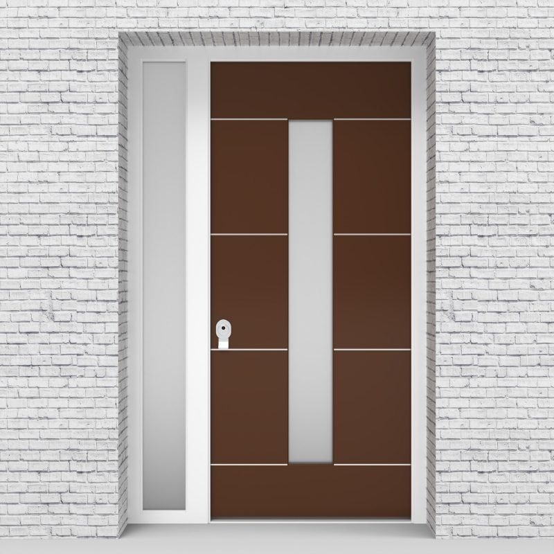 15.single Door With Left Side Panel 4 Aluminium Inlays With Central Glass Clay Brown (ral8003)