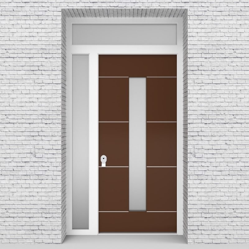 15.single Door With Left Side Panel And Transom 4 Aluminium Inlays With Central Glass Clay Brown (ral8003)