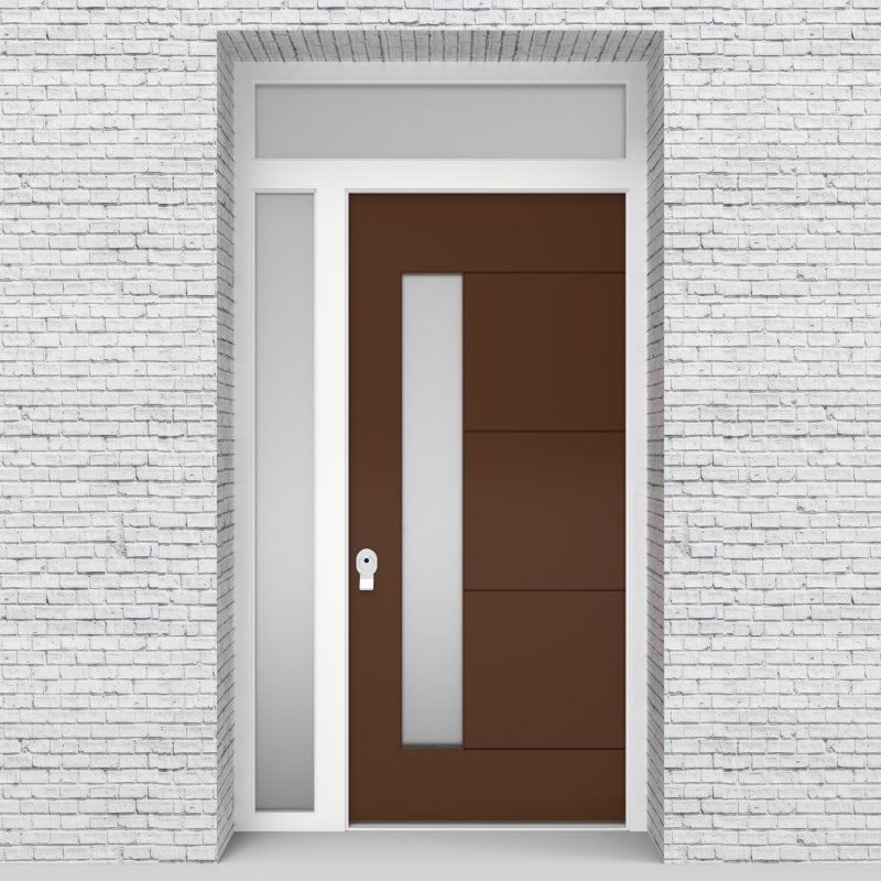 15.single Door With Left Side Panel And Transom 4 Horizontal Lines With Lock Side Glass Clay Brown (ral8003)