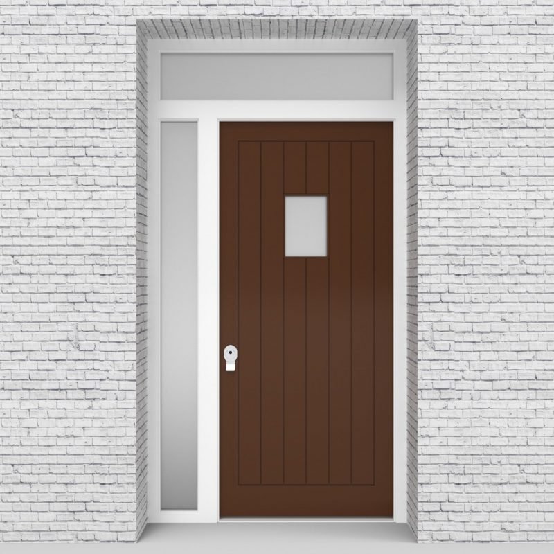 15.single Door With Left Side Panel And Transom 7 Vertical Lines With Rectangle Pane Clay Brown (ral8003)