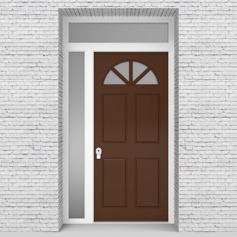 15.single Door With Left Side Panel And Transom Edwardian 4 Panel With Arched Glass Pane Clay Brown (ral8003)