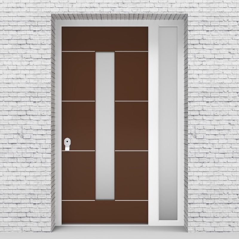 15.single Door With Right Side Panel 4 Aluminium Inlays With Central Glass Clay Brown (ral8003)