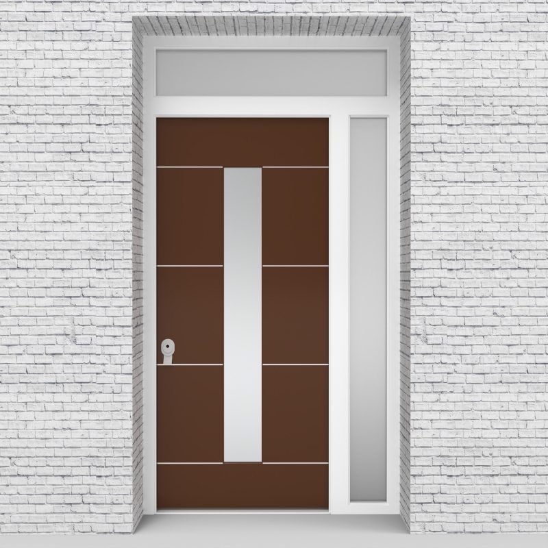 15.single Door With Right Side Panel And Transom 4 Aluminium Inlays With Central Glass Clay Brown (ral8003)