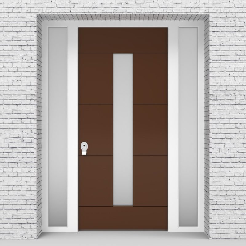 15.single Door With Two Side Panels 4 Horizontal Lines With Central Glass Clay Brown (ral8003)