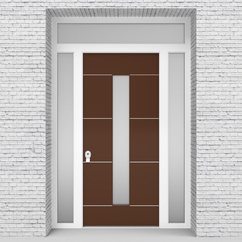 15.single Door With Two Side Panels And Transom 4 Aluminium Inlays With Central Glass Clay Brown (ral8003)