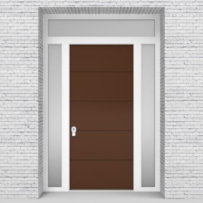 15.single Door With Two Side Panels And Transom 4 Horizontal Lines Clay Brown (ral8003)