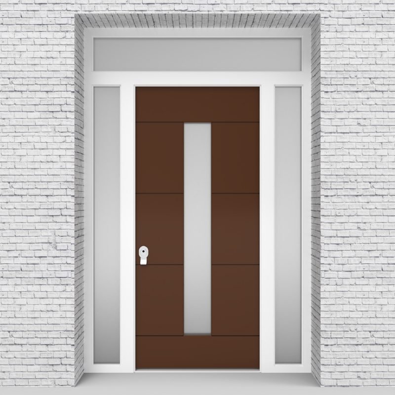 15.single Door With Two Side Panels And Transom 4 Horizontal Lines With Central Glass Clay Brown (ral8003)