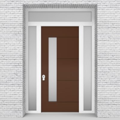 15.single Door With Two Side Panels And Transom 4 Horizontal Lines With Lock Side Glass Clay Brown (ral8003)