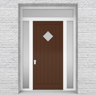 15.single Door With Two Side Panels And Transom 7 Vertical Lines With Diamond Pane Clay Brown (ral8003)